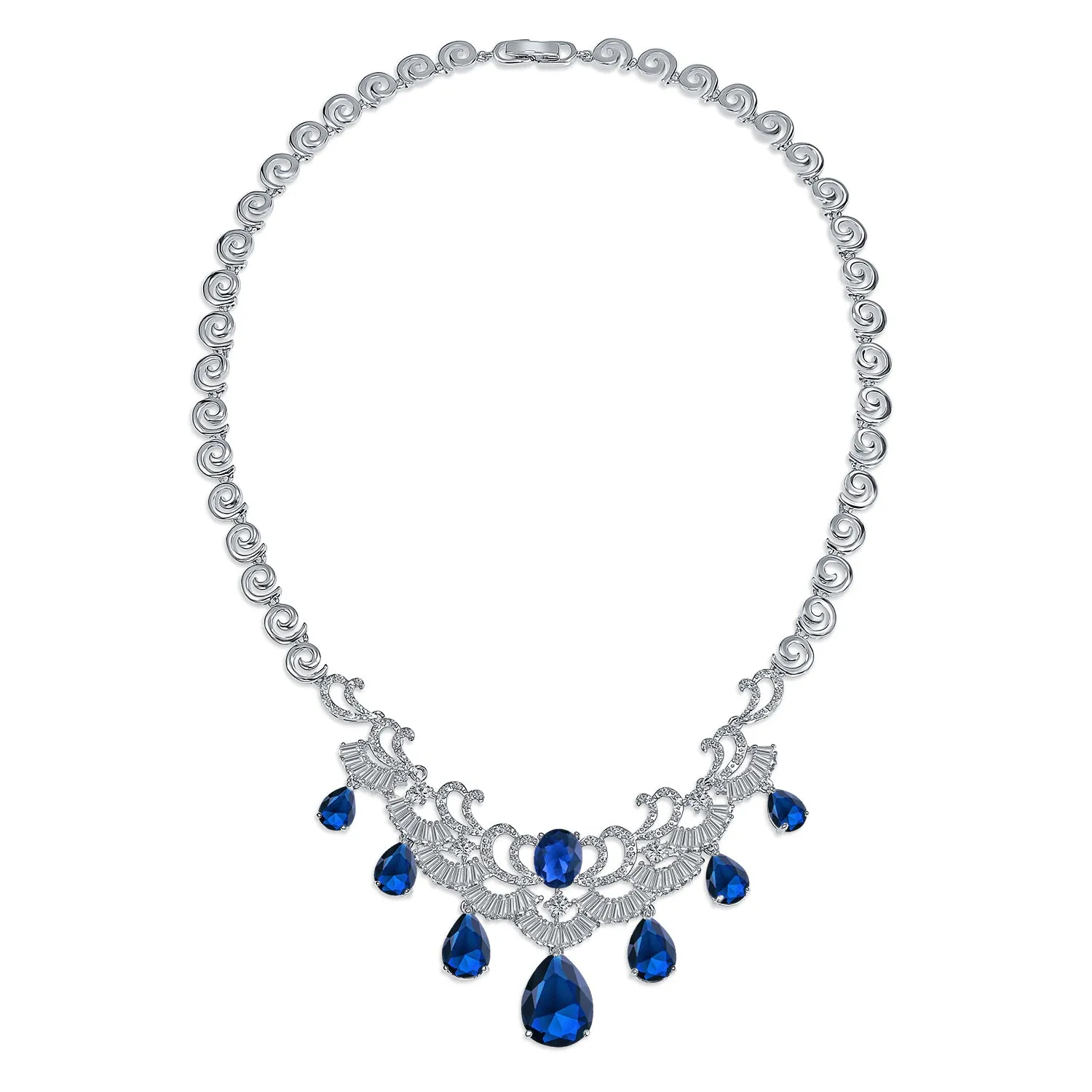 Art Deco Bridal Jewelry Set Large Teardrop CZ V Collar Necklace & Earrings