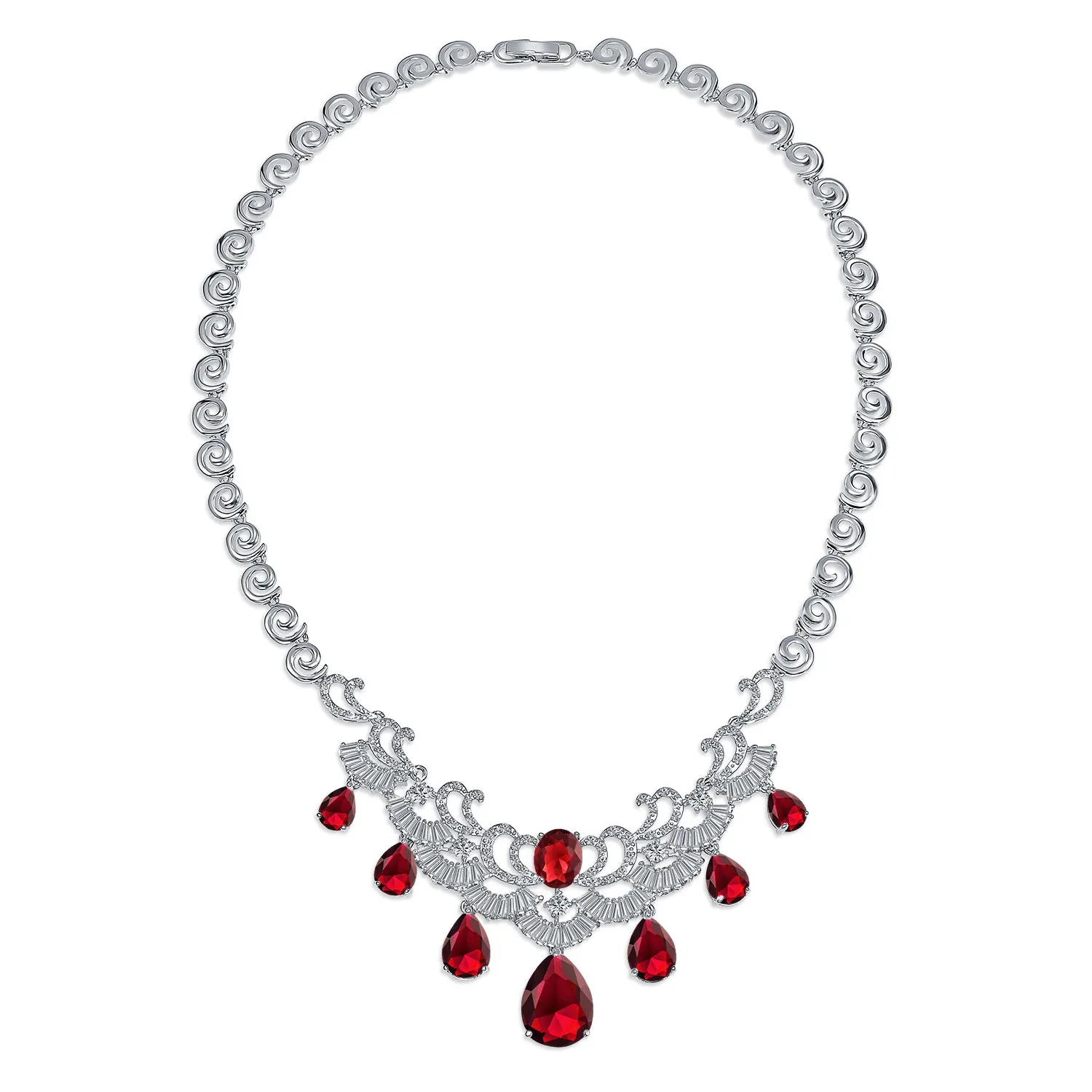 Art Deco Bridal Jewelry Set Large Teardrop CZ V Collar Necklace & Earrings