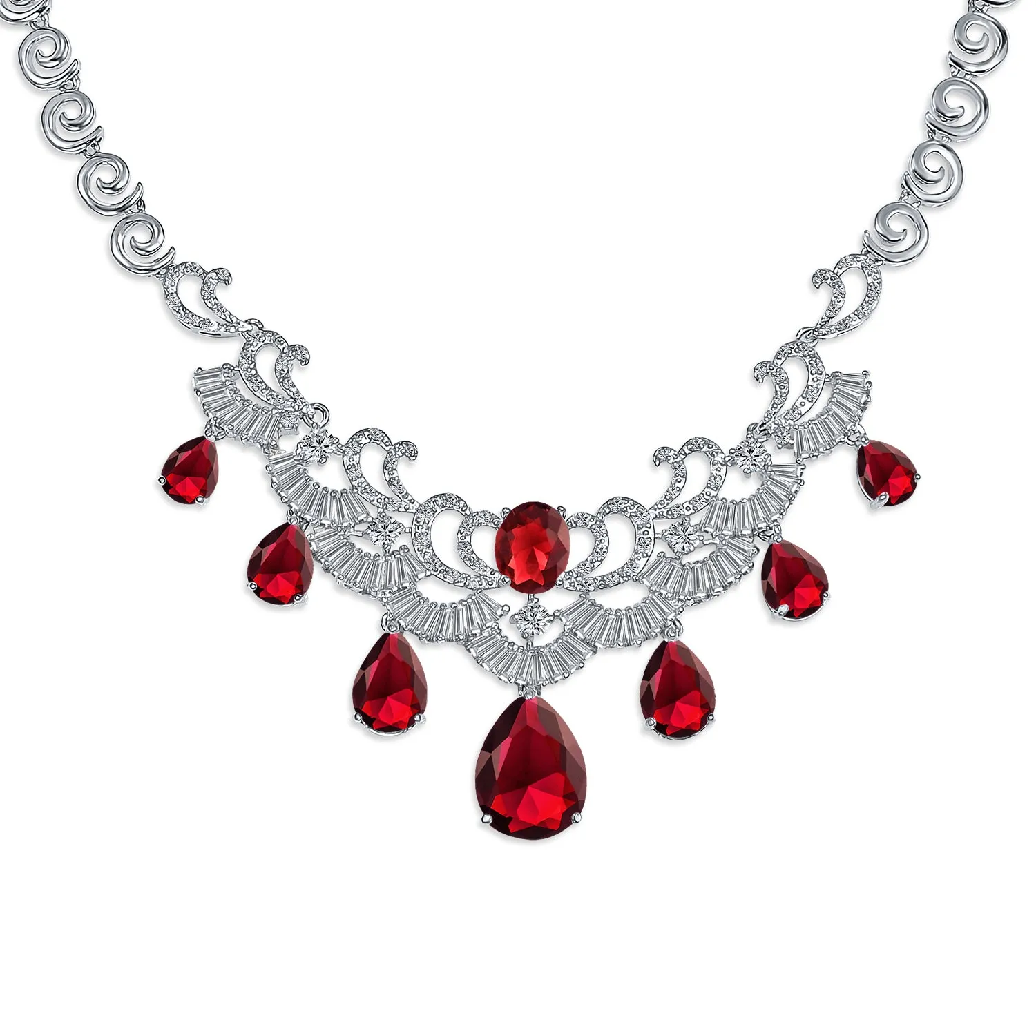 Art Deco Bridal Jewelry Set Large Teardrop CZ V Collar Necklace & Earrings