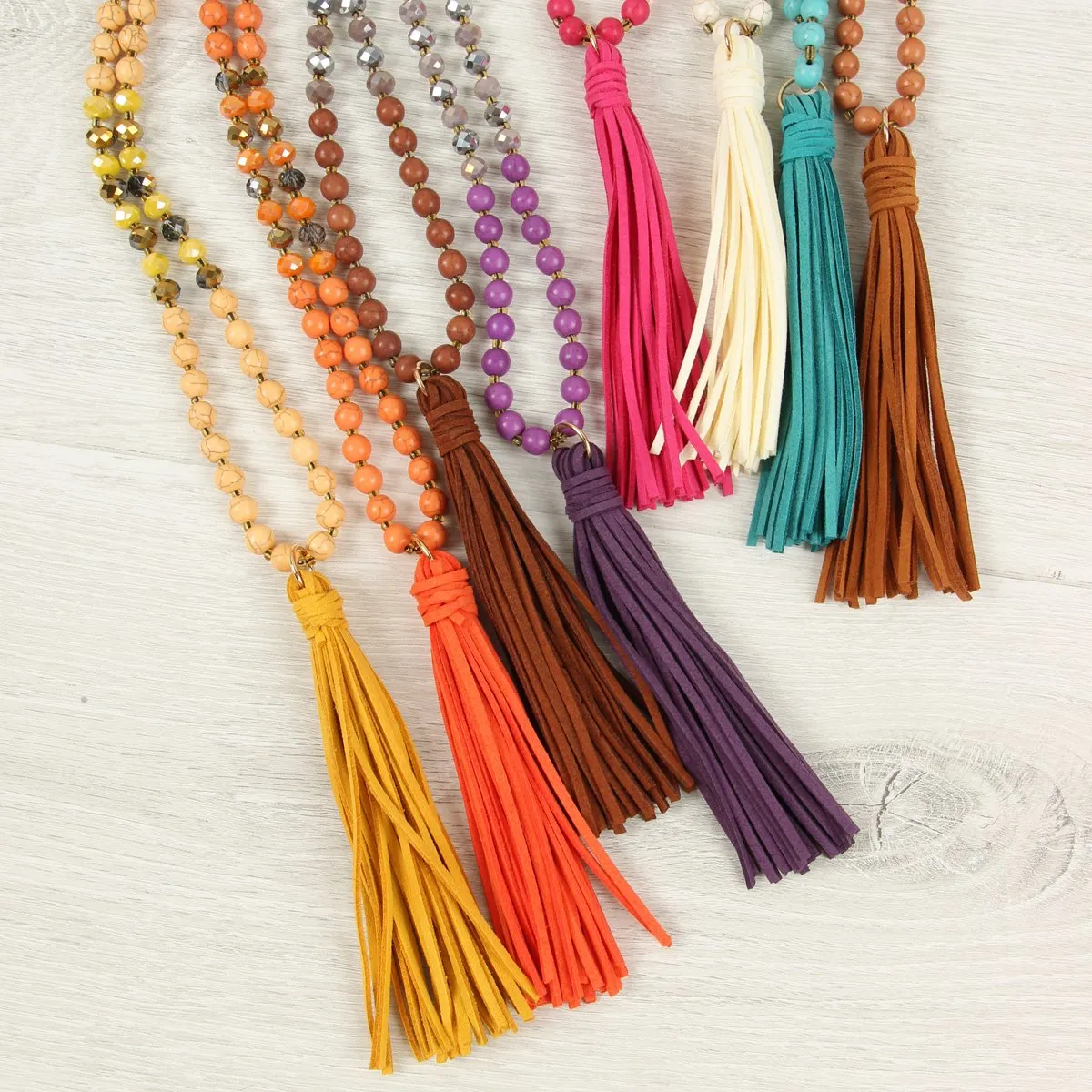 Beaded Necklace With Leather Tassel