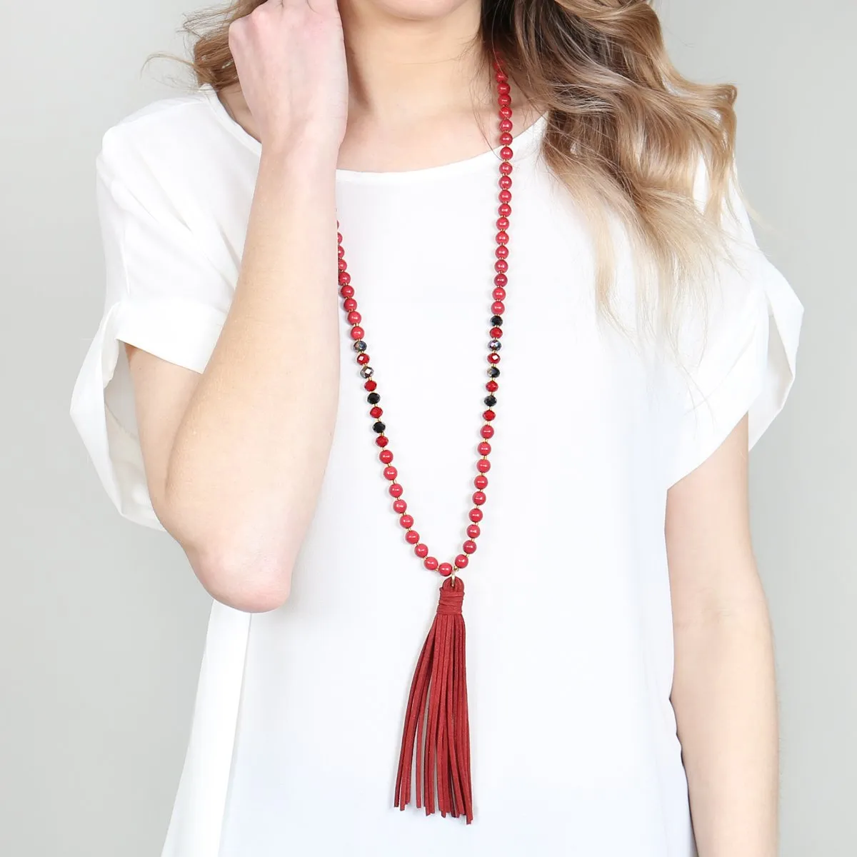 Beaded Necklace With Leather Tassel