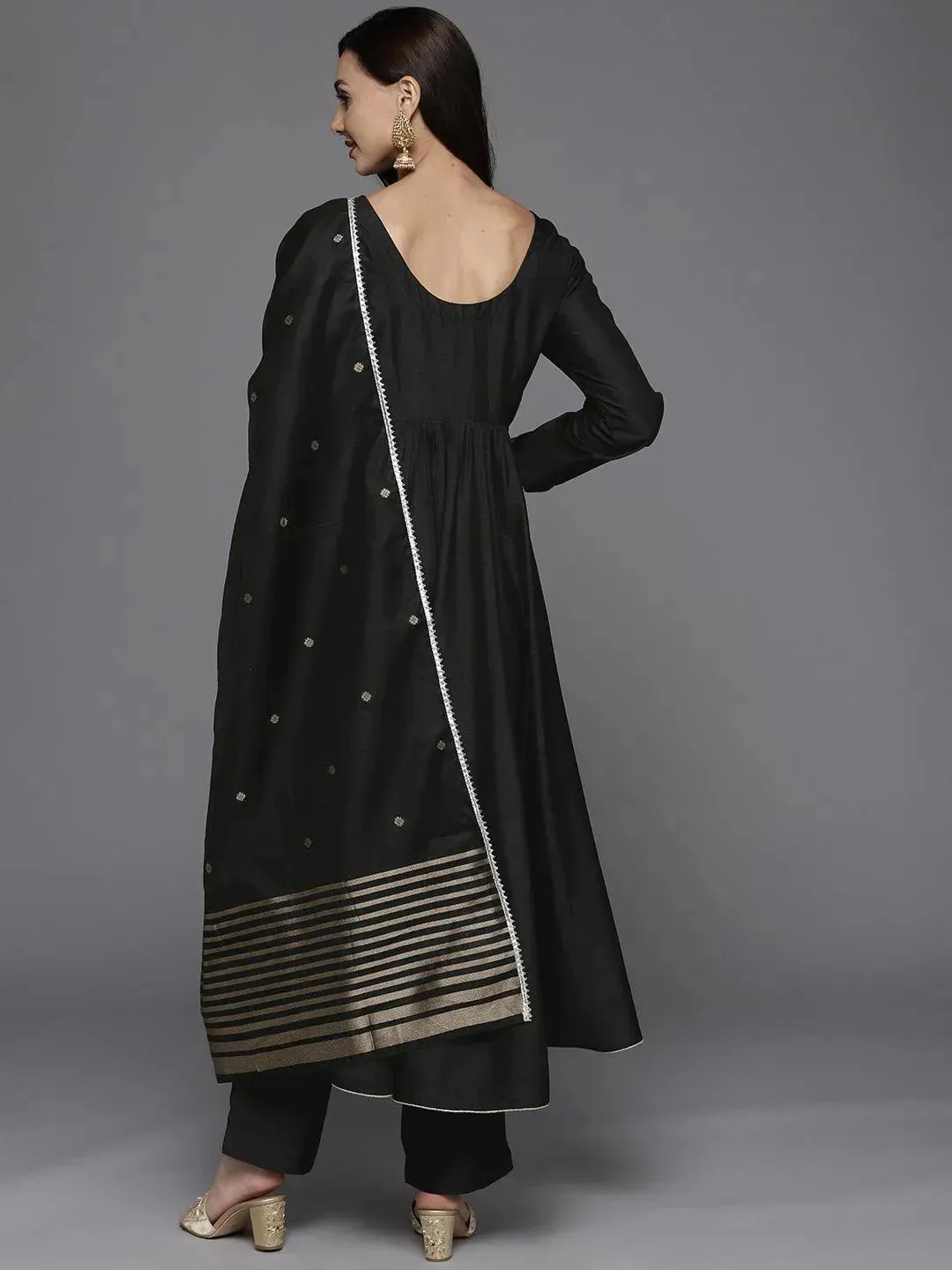 Black Solid Silk Blend Anarkali Kurta With Dupatta