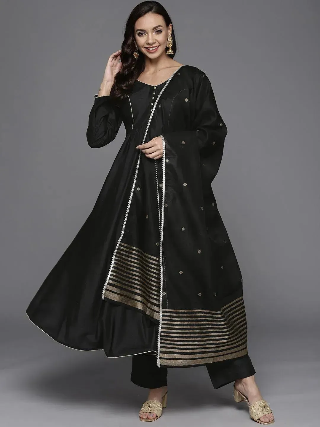 Black Solid Silk Blend Anarkali Kurta With Dupatta