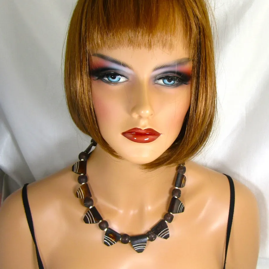Brown Carved Bone Bead Necklace Bold Look