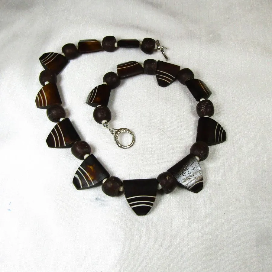 Brown Carved Bone Bead Necklace Bold Look