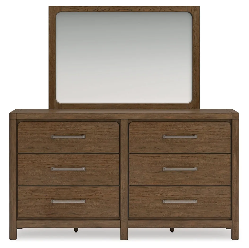 Cabalynn Queen Upholstered Bed with Mirrored Dresser and Nightstand in Light Brown