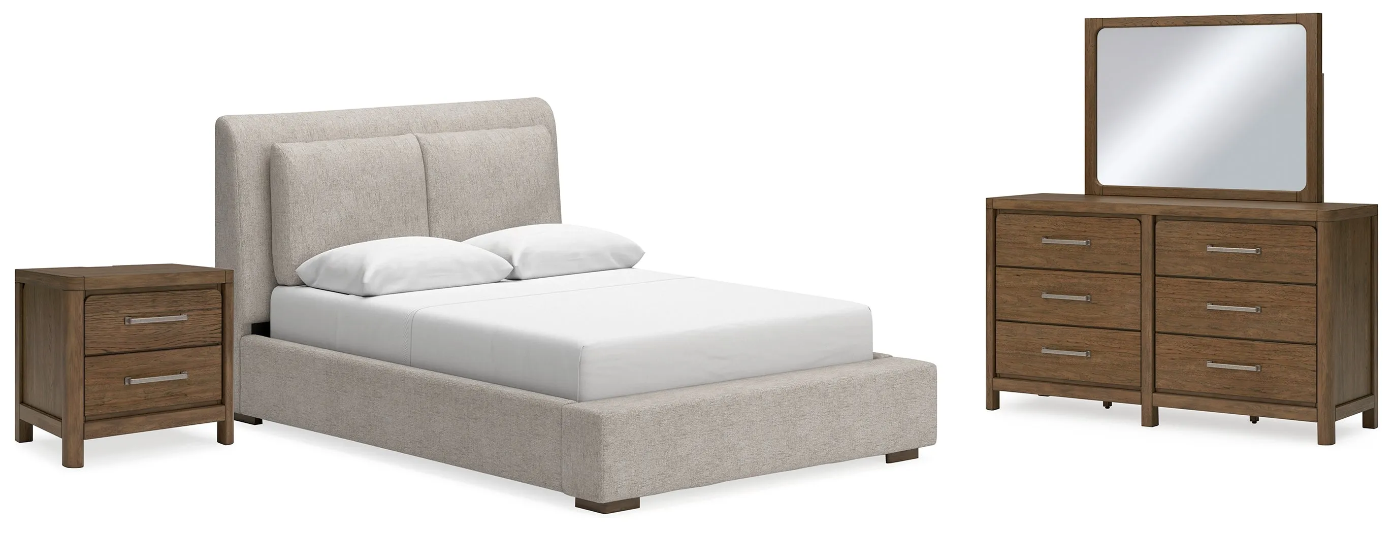 Cabalynn Queen Upholstered Bed with Mirrored Dresser and Nightstand in Light Brown
