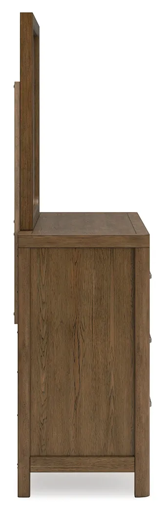 Cabalynn Queen Upholstered Bed with Mirrored Dresser and Nightstand in Light Brown