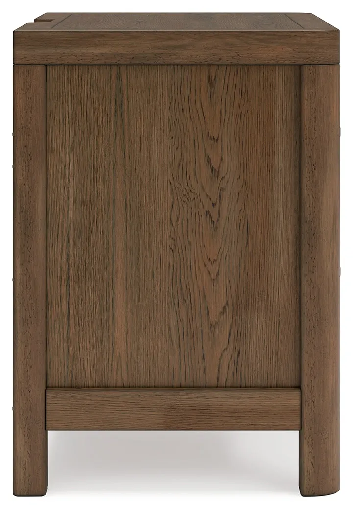 Cabalynn Queen Upholstered Bed with Mirrored Dresser and Nightstand in Light Brown