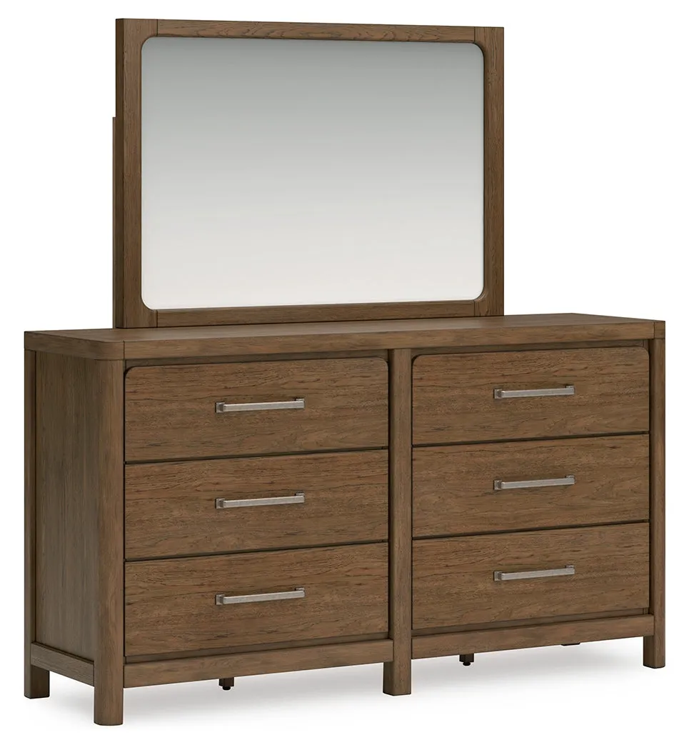 Cabalynn Queen Upholstered Bed with Mirrored Dresser and Nightstand in Light Brown