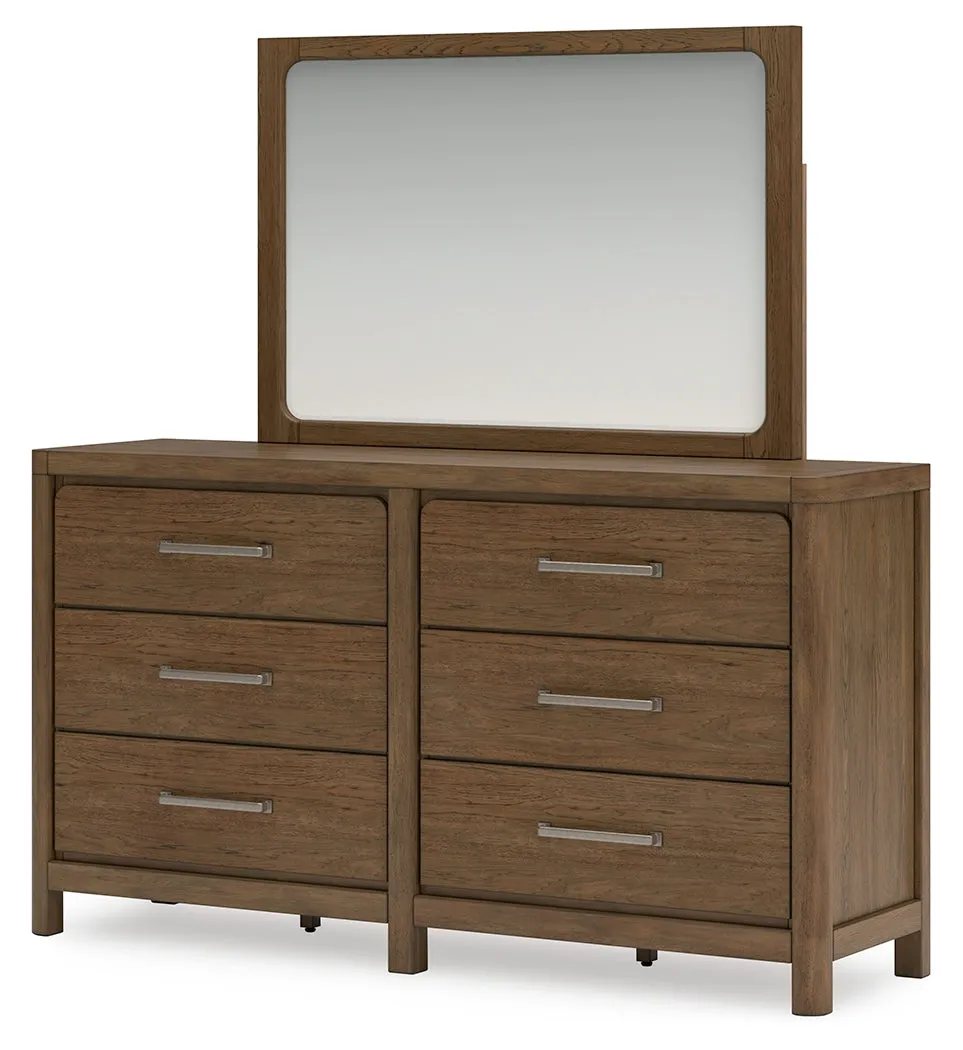 Cabalynn Queen Upholstered Bed with Mirrored Dresser and Nightstand in Light Brown
