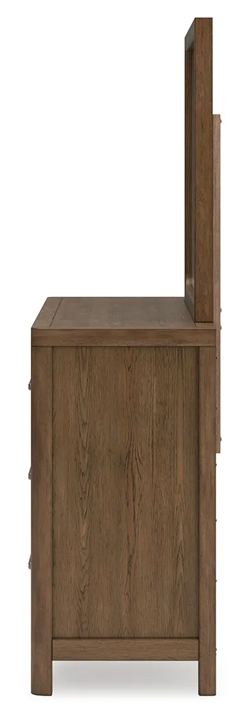 Cabalynn Queen Upholstered Bed with Mirrored Dresser and Nightstand in Light Brown
