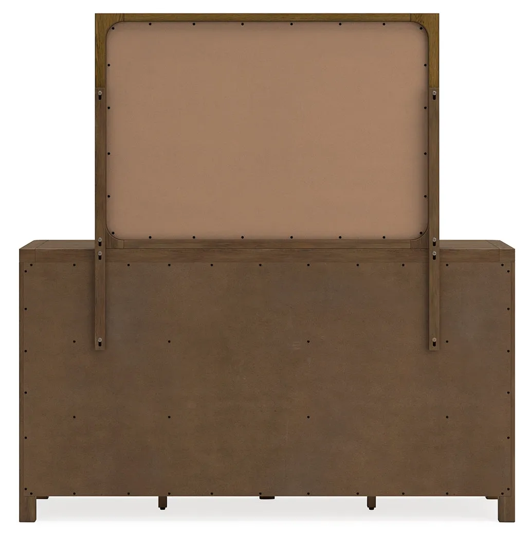 Cabalynn Queen Upholstered Bed with Mirrored Dresser and Nightstand in Light Brown