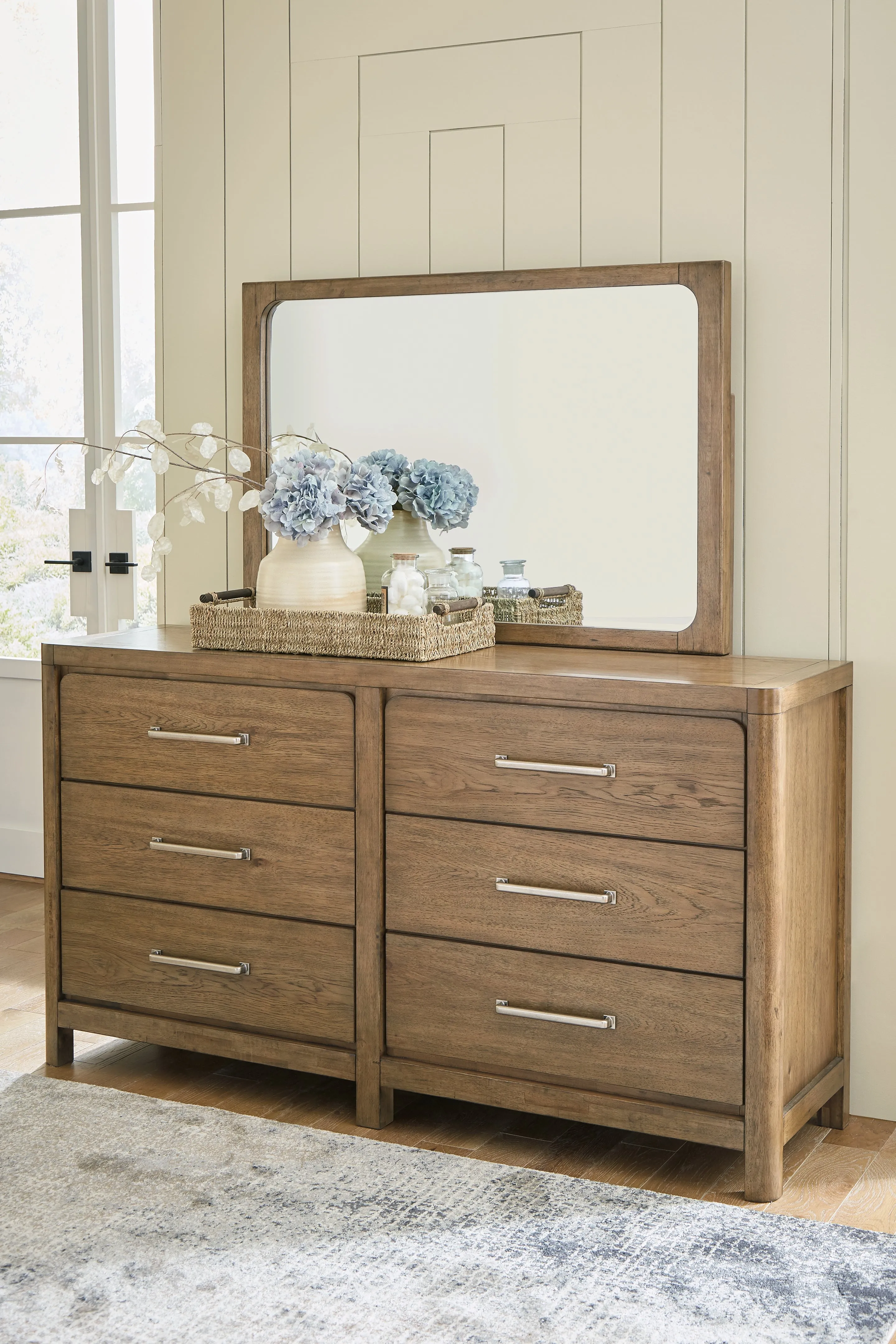 Cabalynn Queen Upholstered Bed with Mirrored Dresser and Nightstand in Light Brown