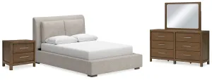 Cabalynn Queen Upholstered Bed with Mirrored Dresser and Nightstand in Light Brown