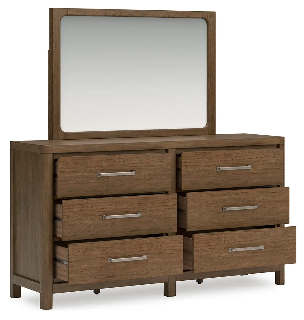 Cabalynn Queen Upholstered Bed with Mirrored Dresser and Nightstand in Light Brown