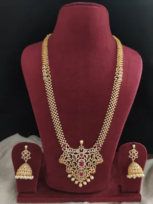 Cascading Brilliance Gold Plated Zircon & Diamond Long Haram Set with Pearl Drops