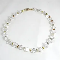 Clear Crystal Quartz Cube Gemstone Beaded Necklace - Gold Accents