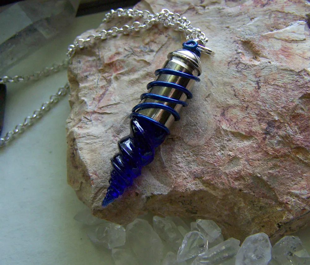 Cobalt Blue Vintage Glass Seashell Silver Bullet Jewelry Pendant