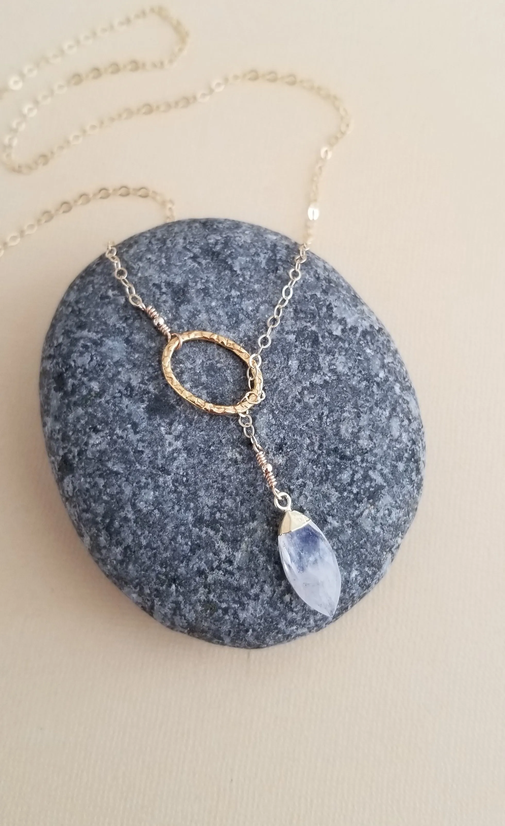 Custom Gold Gemstone Lariat Necklace, Modern Y Style Necklace