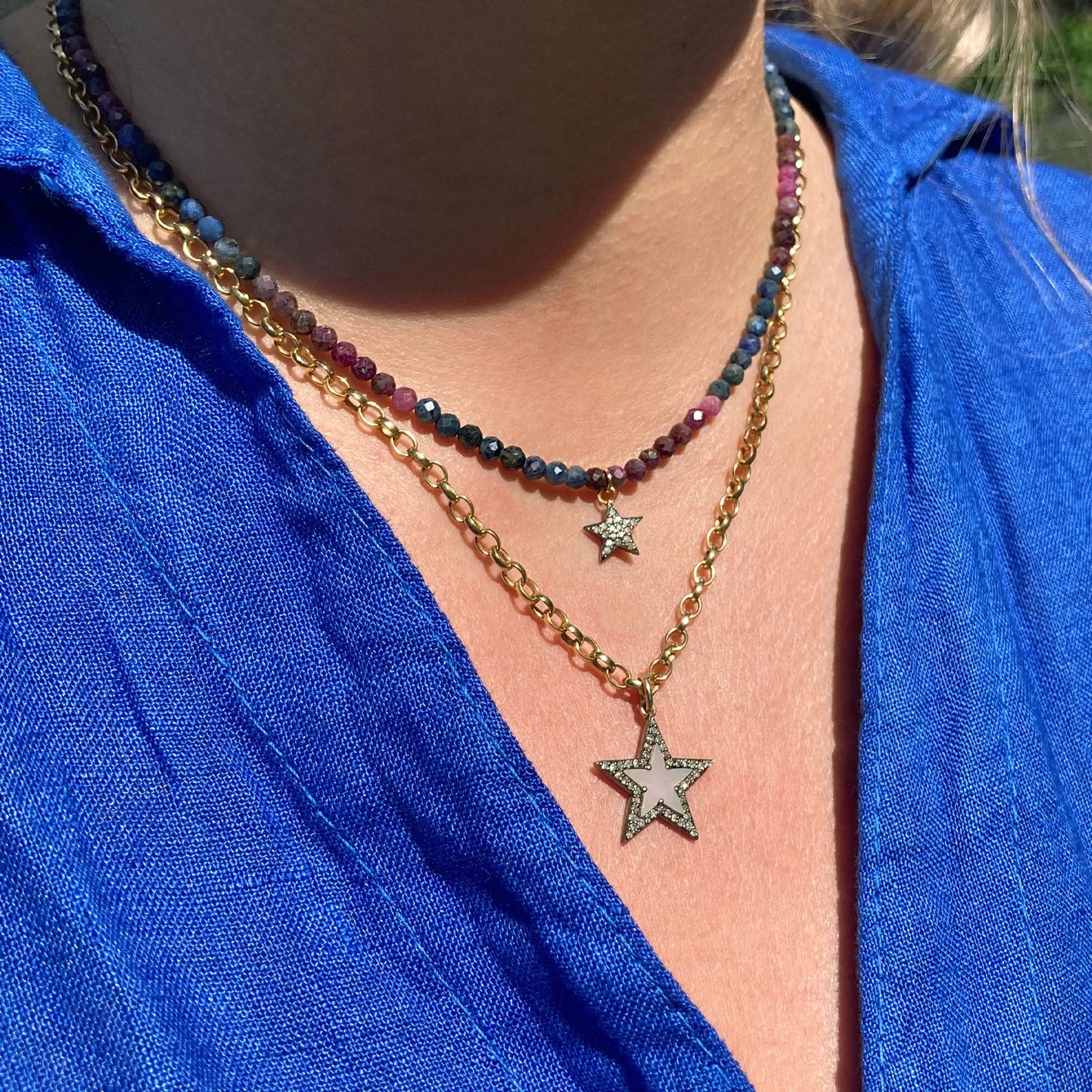 Diamond Star & Ruby Sapphire Bead Necklace