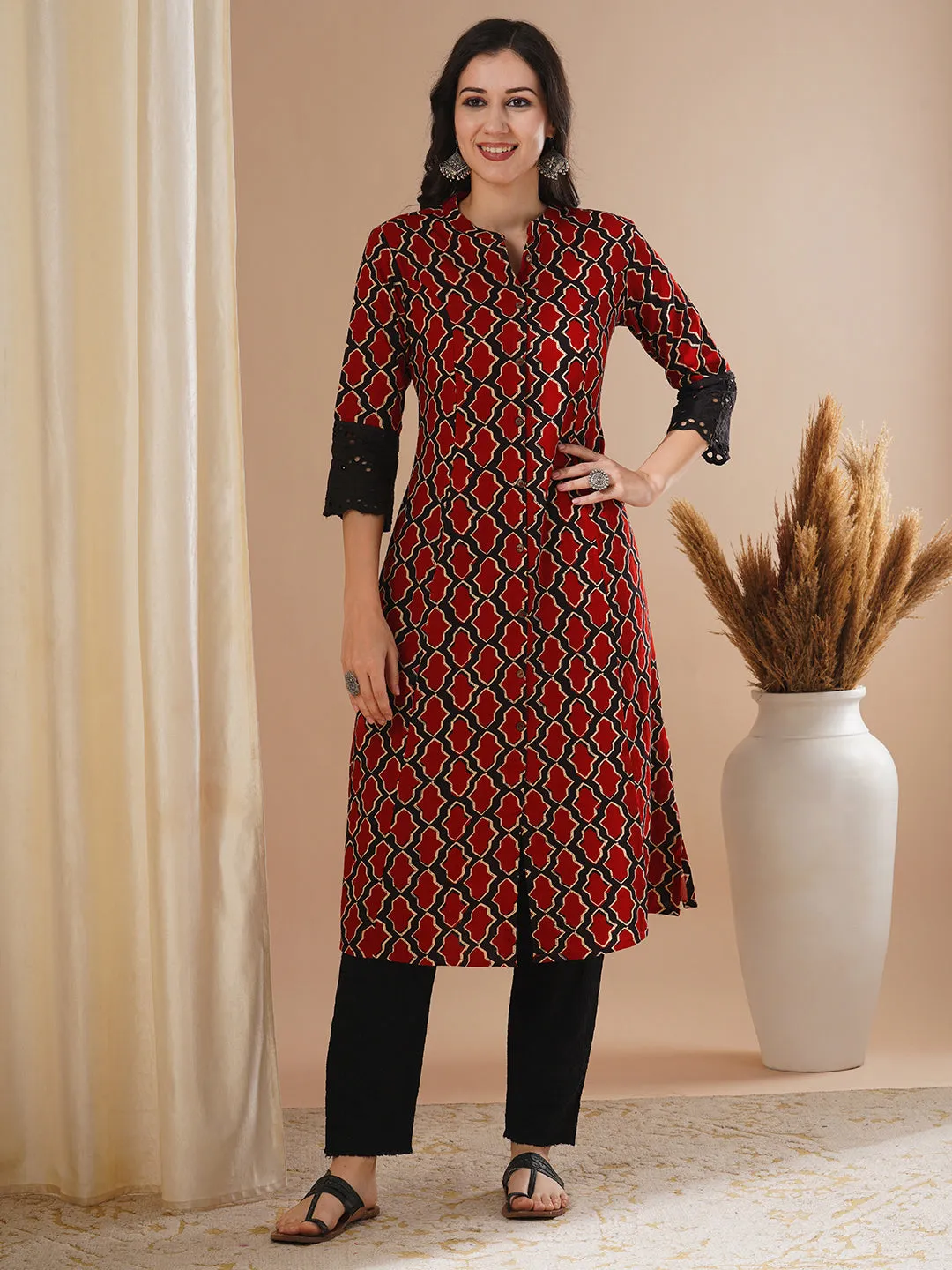 Ethnic Geometric Printed A-Line Paneled Kurta - Rust