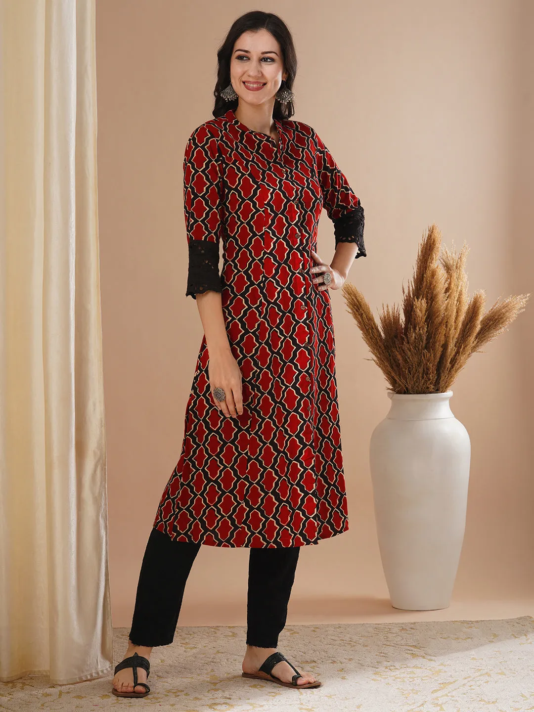 Ethnic Geometric Printed A-Line Paneled Kurta - Rust
