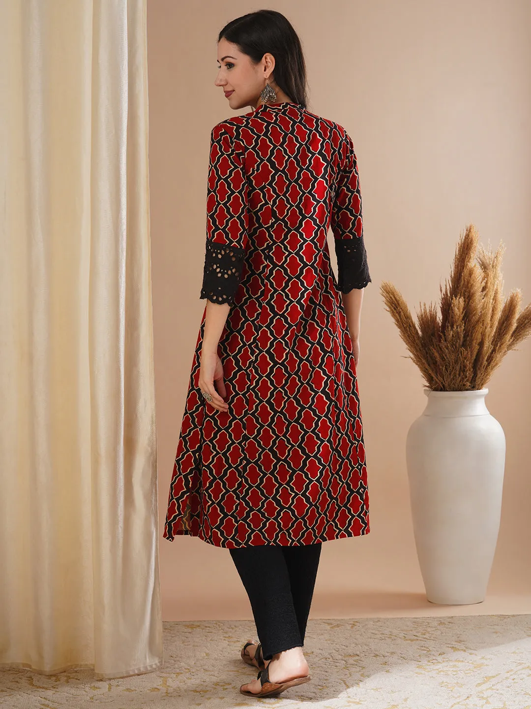 Ethnic Geometric Printed A-Line Paneled Kurta - Rust
