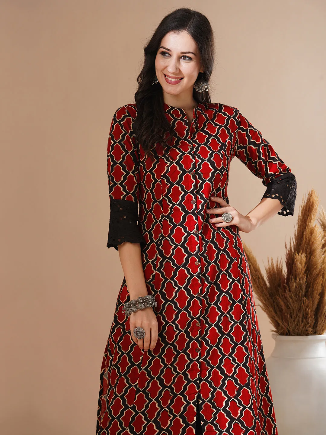 Ethnic Geometric Printed A-Line Paneled Kurta - Rust