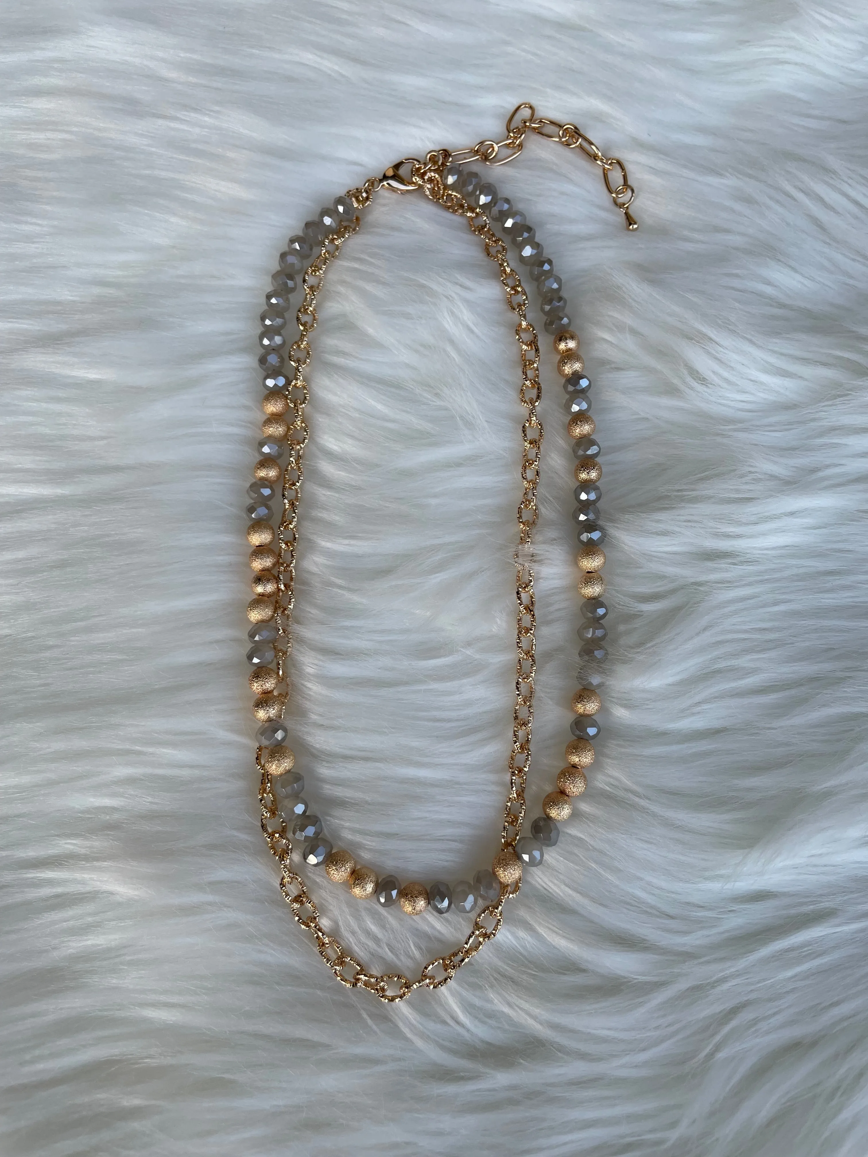 Gold Chain & Gray Glass and Gold Beads Layered Necklace