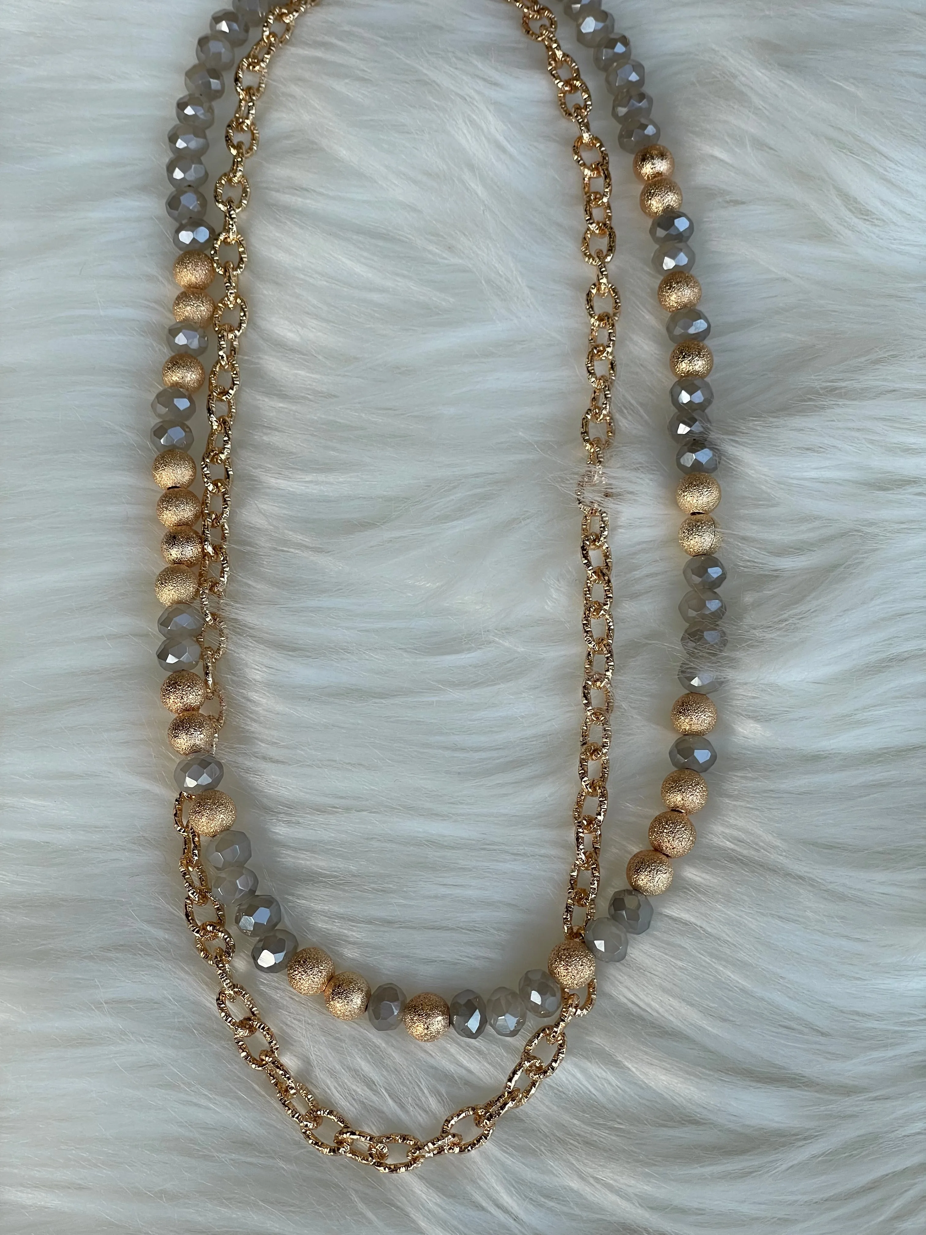Gold Chain & Gray Glass and Gold Beads Layered Necklace