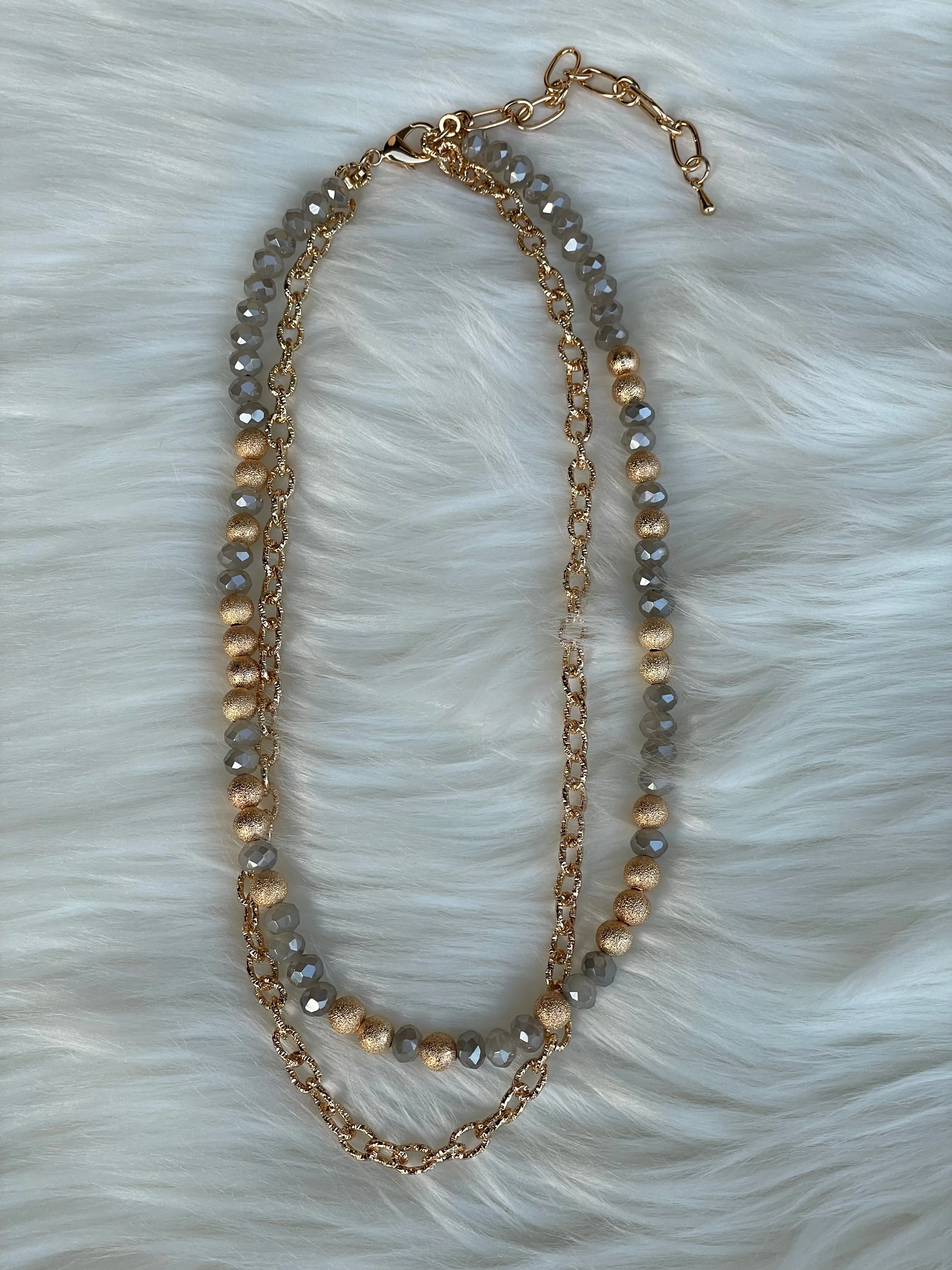 Gold Chain & Gray Glass and Gold Beads Layered Necklace
