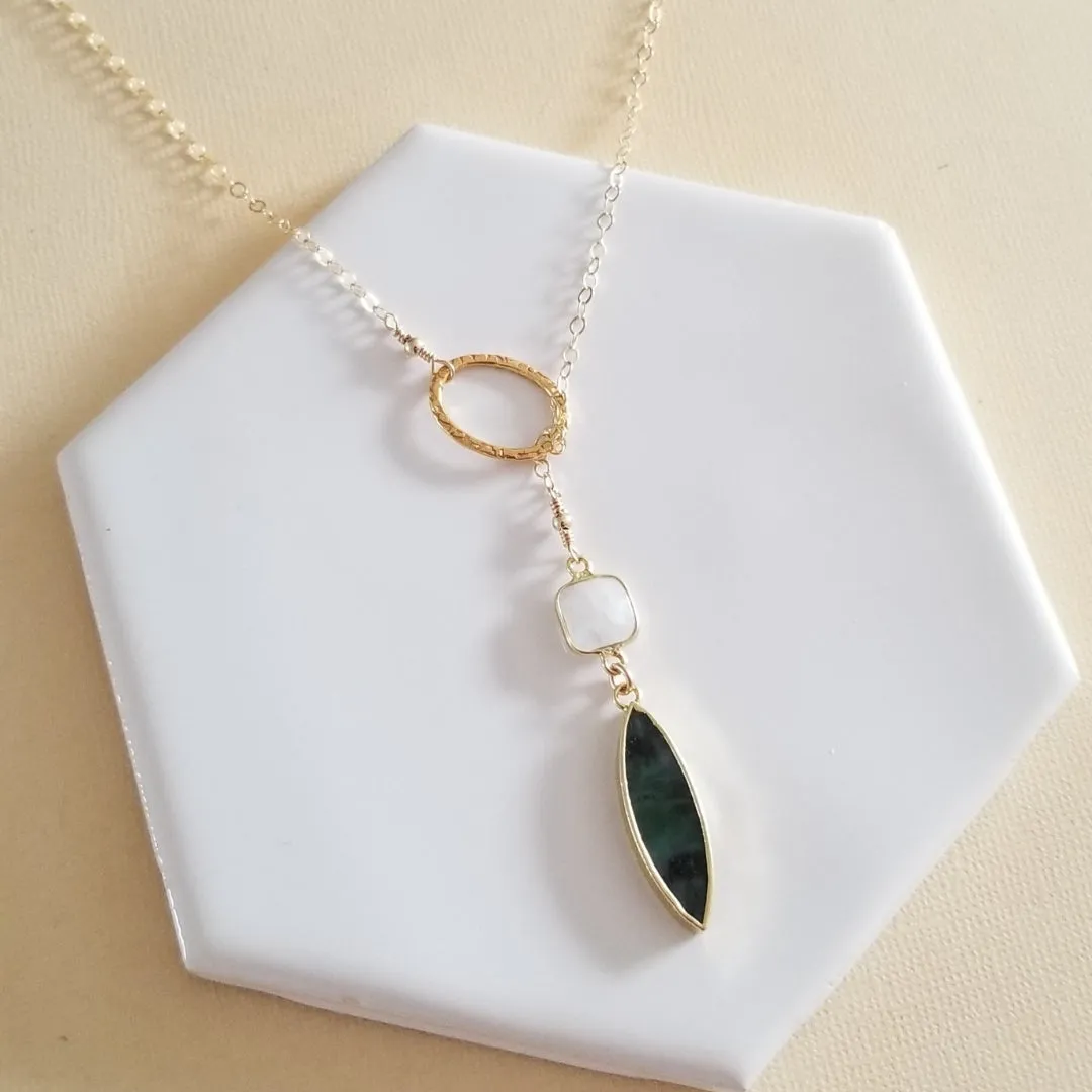 Gold Moonstone and Emerald Lariat Necklace