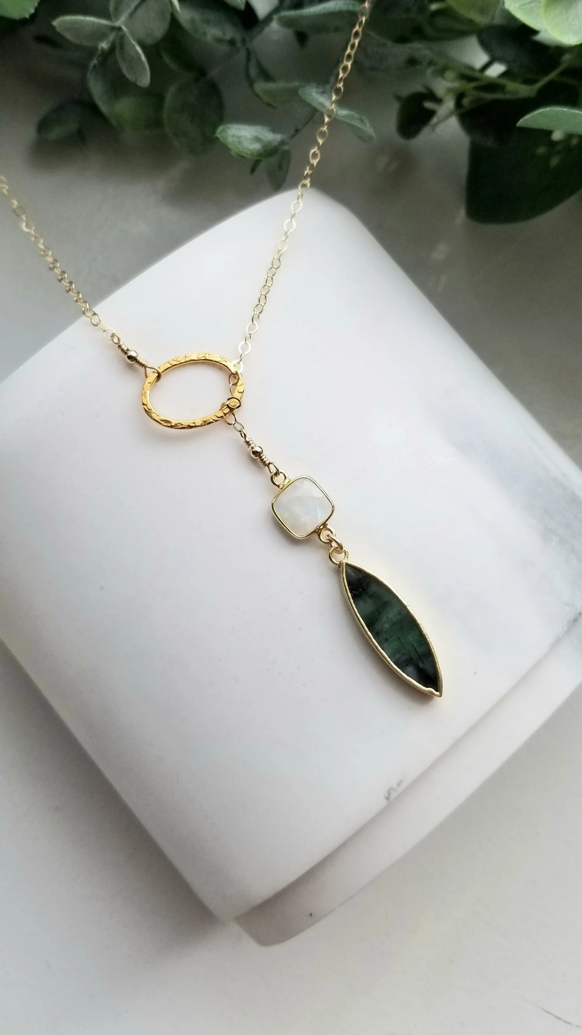 Gold Moonstone and Emerald Lariat Necklace