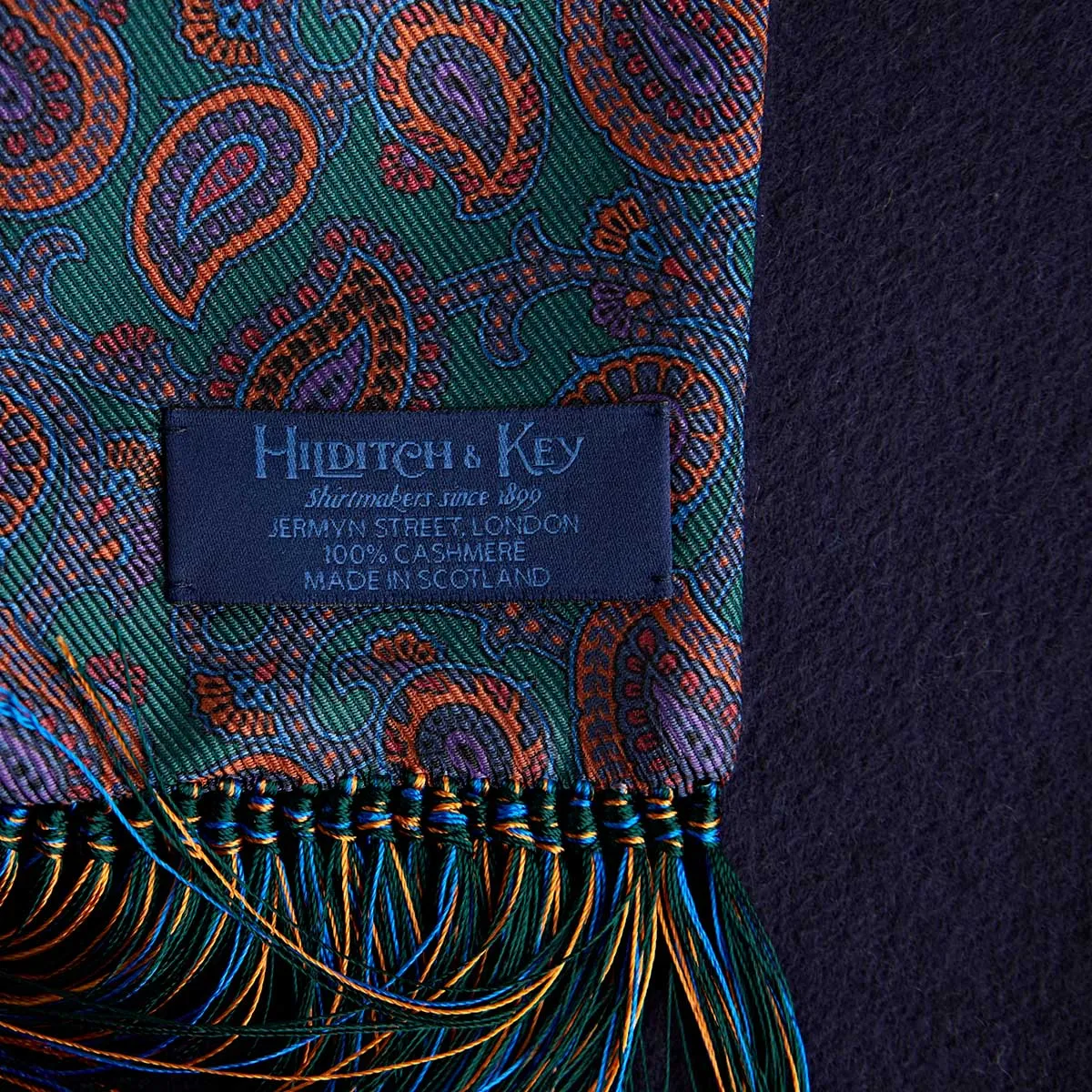Green, Orange & Navy Paisley Silk & Cashmere Scarf
