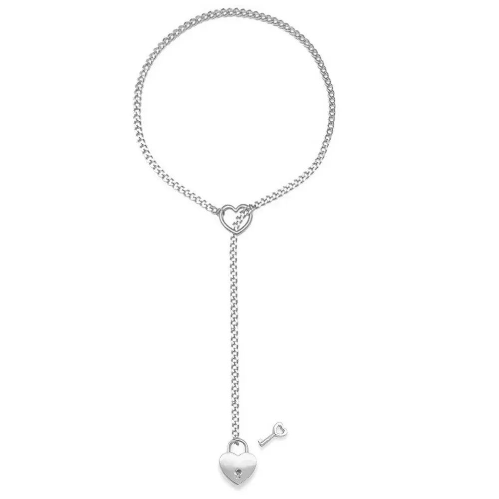 Heart O-Ring Slip Chain Women's Necklace Punk Rock Stainless Steel Cuban Long Necklace Jewelry Adjustable Lariat Y-Necklace Key