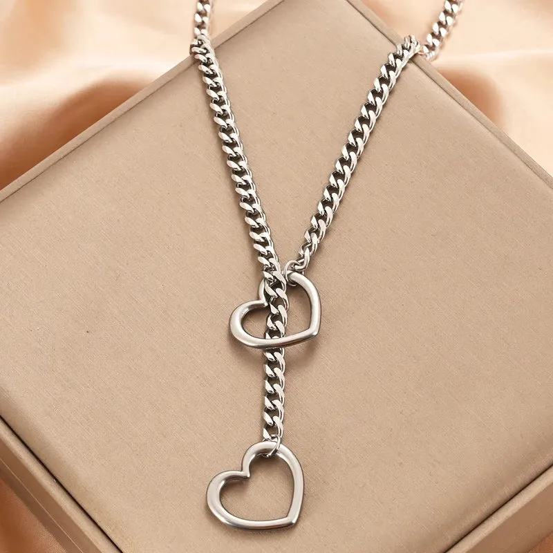 Heart O-Ring Slip Chain Women's Necklace Punk Rock Stainless Steel Cuban Long Necklace Jewelry Adjustable Lariat Y-Necklace Key