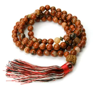 Jasper and Rudraksha 8mm Knotted Mala with Silk Tassel #102