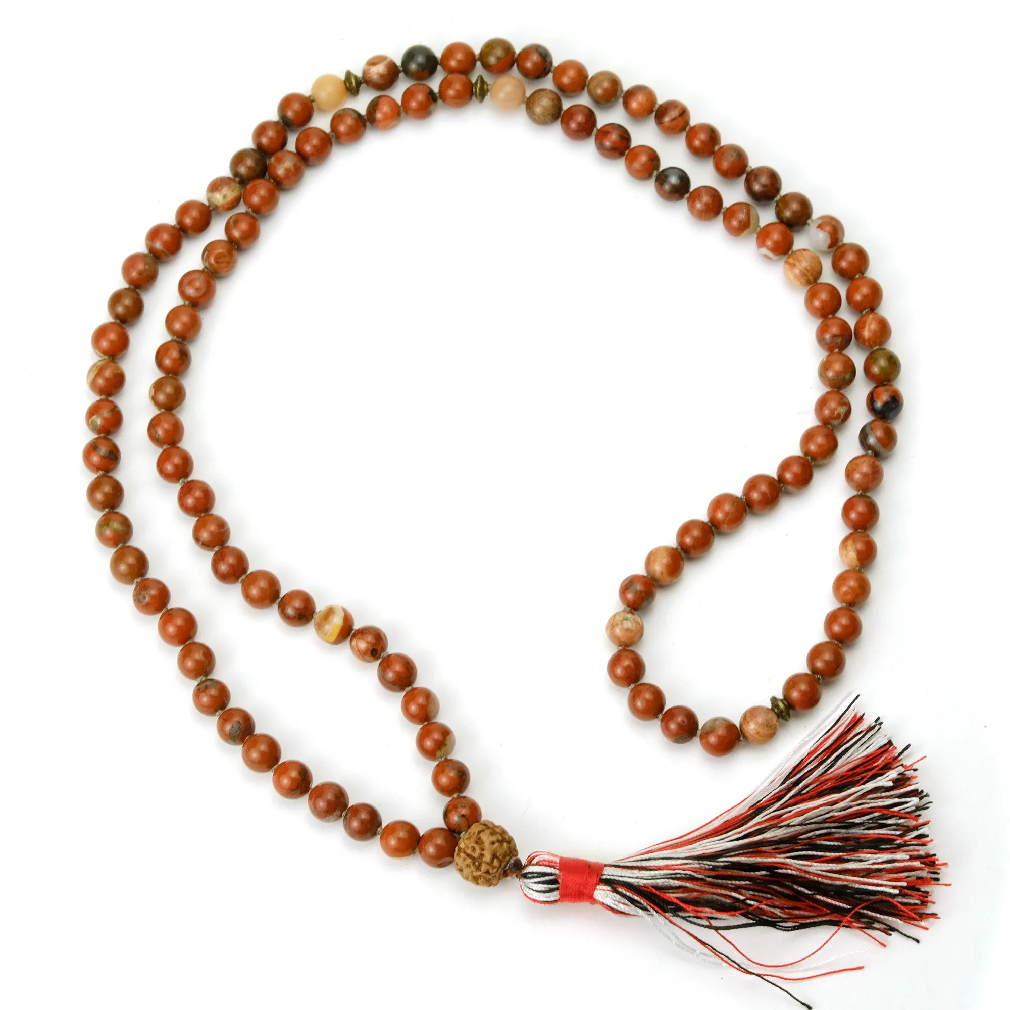 Jasper and Rudraksha 8mm Knotted Mala with Silk Tassel #102