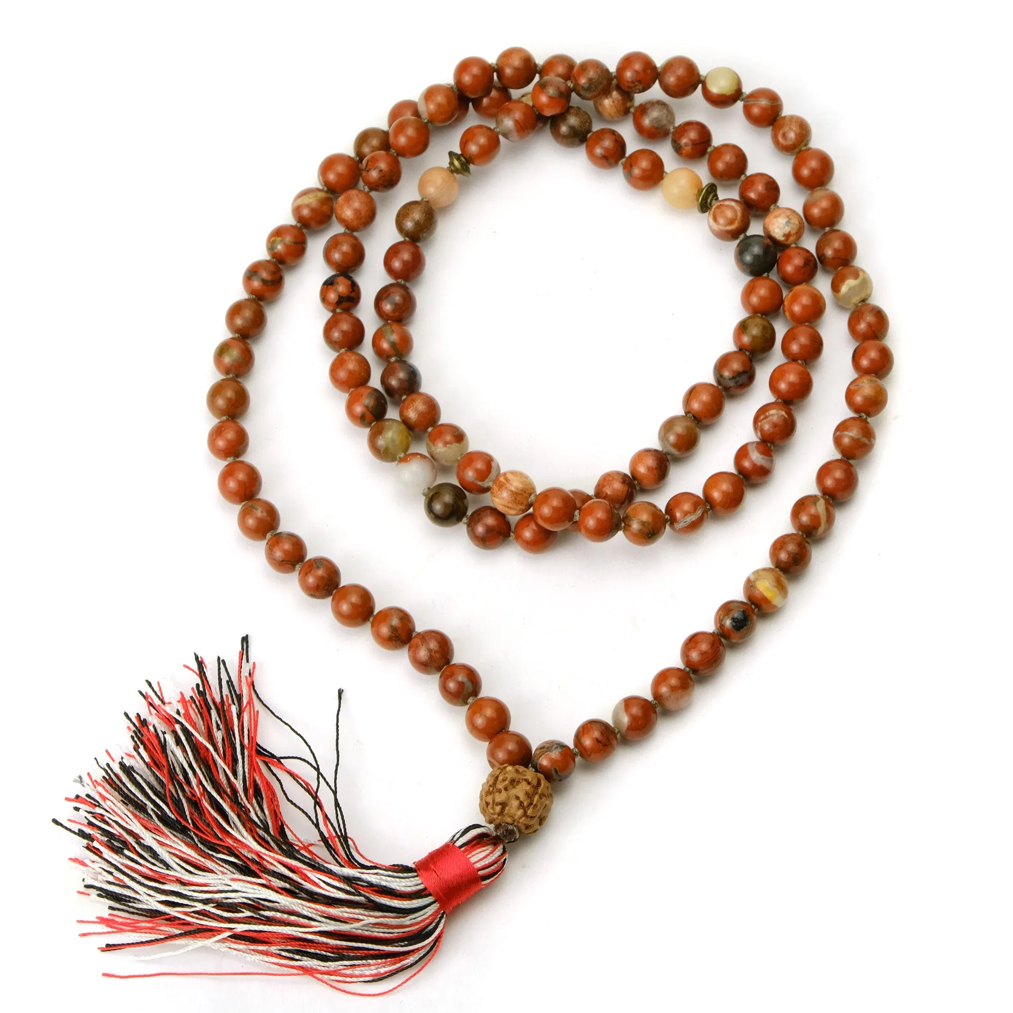 Jasper and Rudraksha 8mm Knotted Mala with Silk Tassel #102