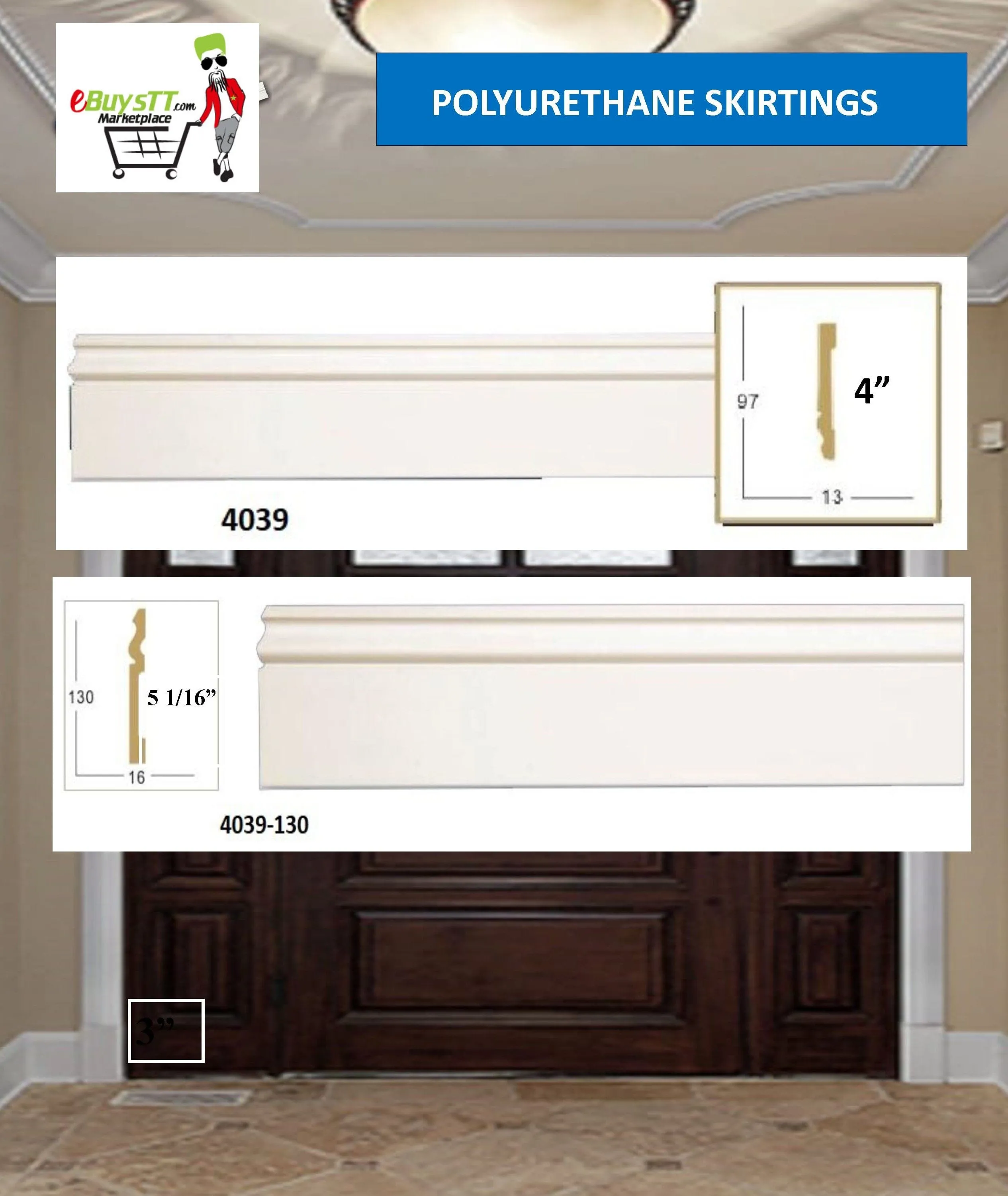 MOULDING Skirtings Base Mouldings Polyurethane 8 FT Length SKIRTING BOARDS, also known as kick boards and baseboards, are the mouldings that run along the bottom of walls