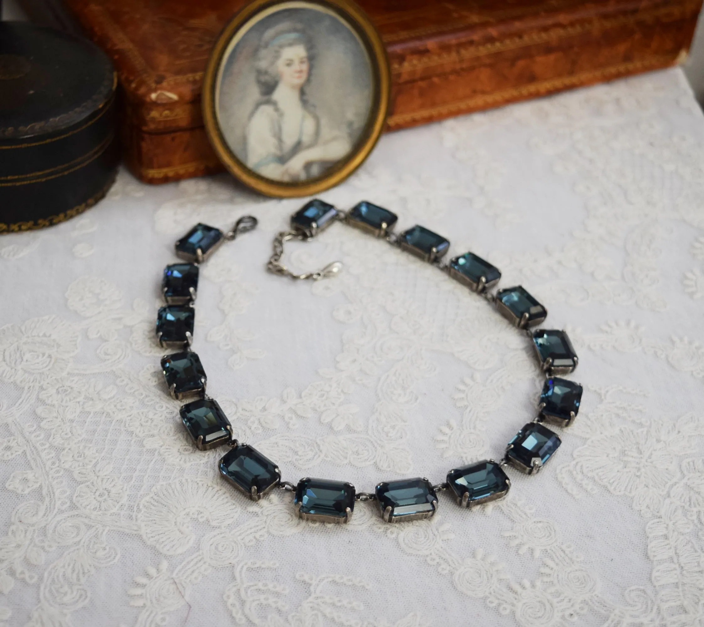 Navy Blue Aurora Crystal Collet Necklace - Large Octagon