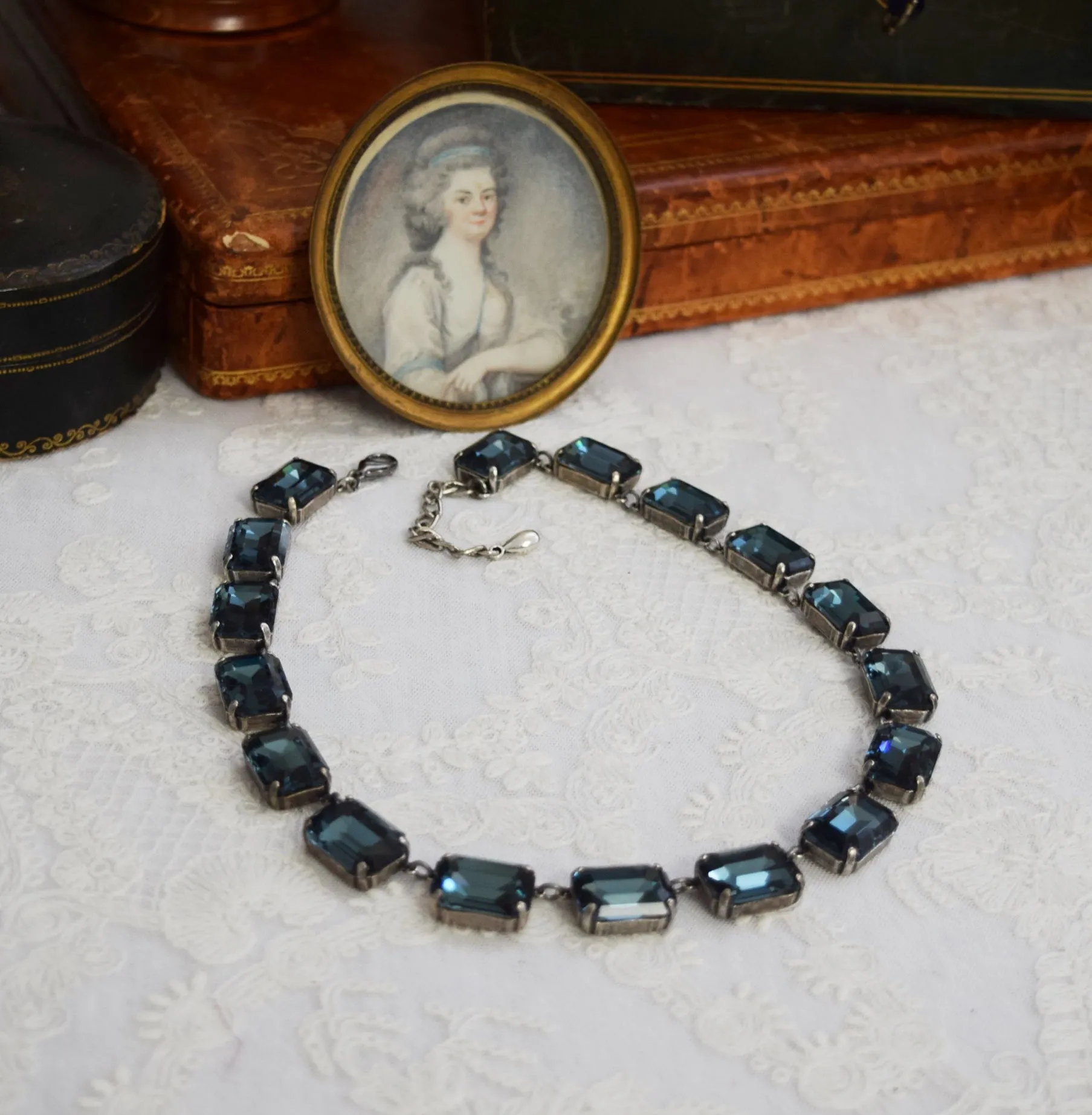 Navy Blue Aurora Crystal Collet Necklace - Large Octagon