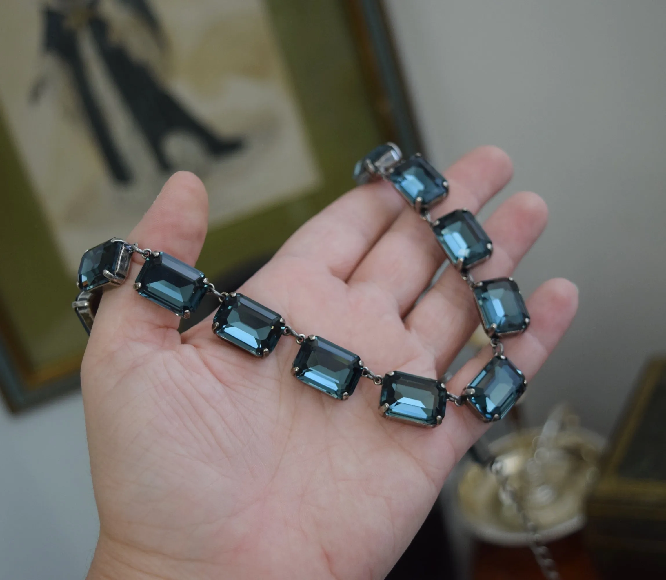 Navy Blue Aurora Crystal Collet Necklace - Large Octagon