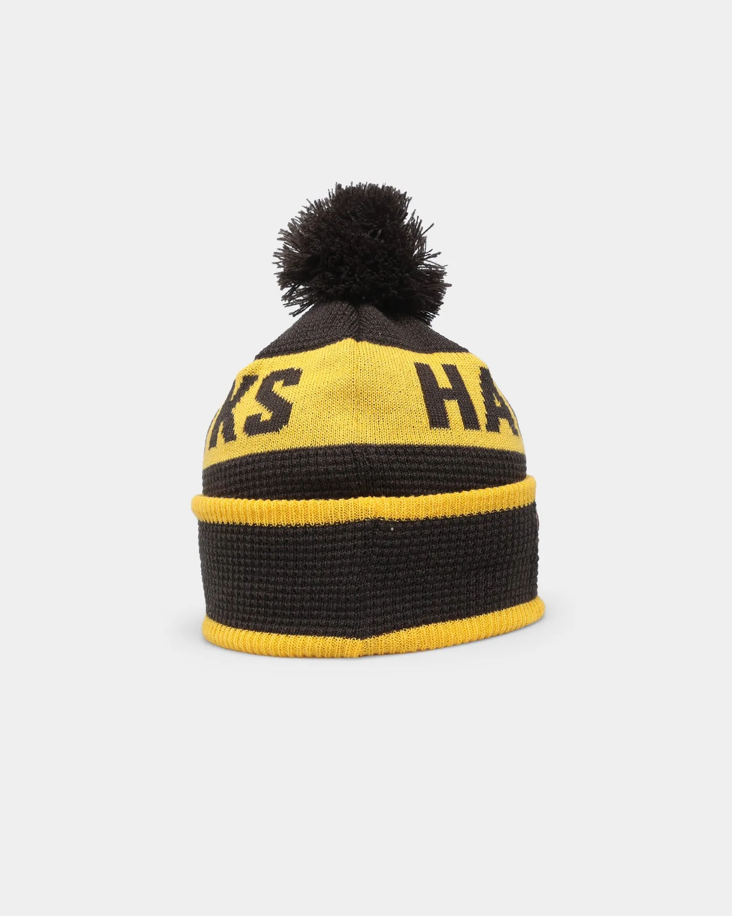 New Era Hawthorn Hawks AFL Opening Bounce 2022 Pom Waffle Wordmark Beanie Brown