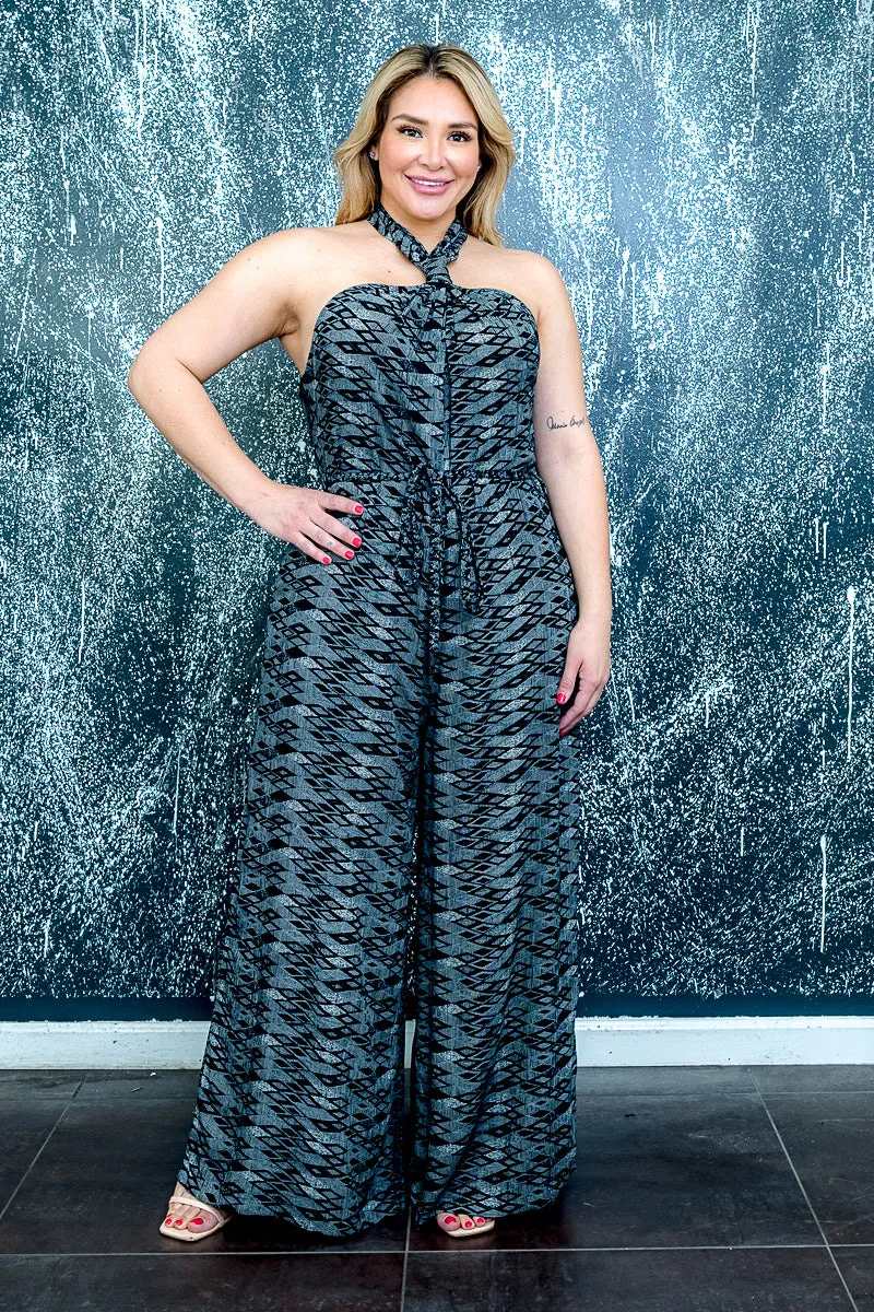Plus Size Geometric Print Halter Top Backless Jumpsuit with Wide Legs and Drawstring Waist (FE22E293) Y