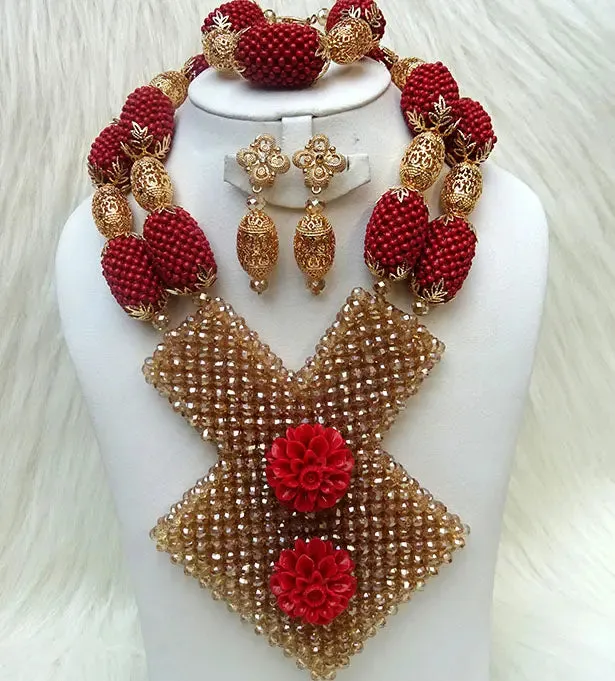 PrestigeApplause Latest New Design Bold Elegant Red and Gold Wedding Bridal African Nigerian Beads Jewellery Set …