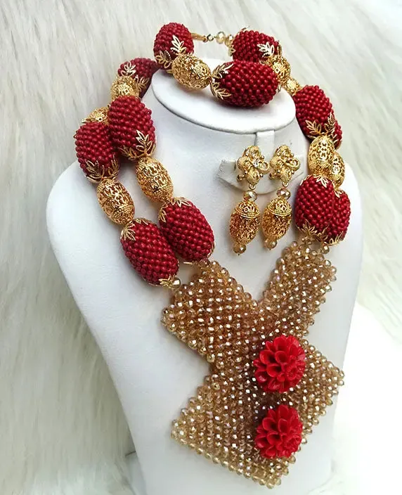 PrestigeApplause Latest New Design Bold Elegant Red and Gold Wedding Bridal African Nigerian Beads Jewellery Set …