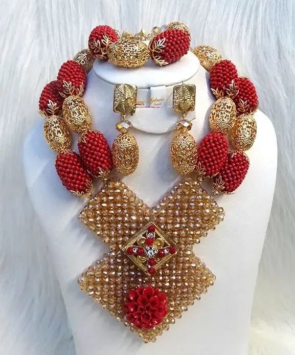 PrestigeApplause Latest New Design Bold Elegant Red and Gold Wedding Bridal African Nigerian Beads Jewellery Set …