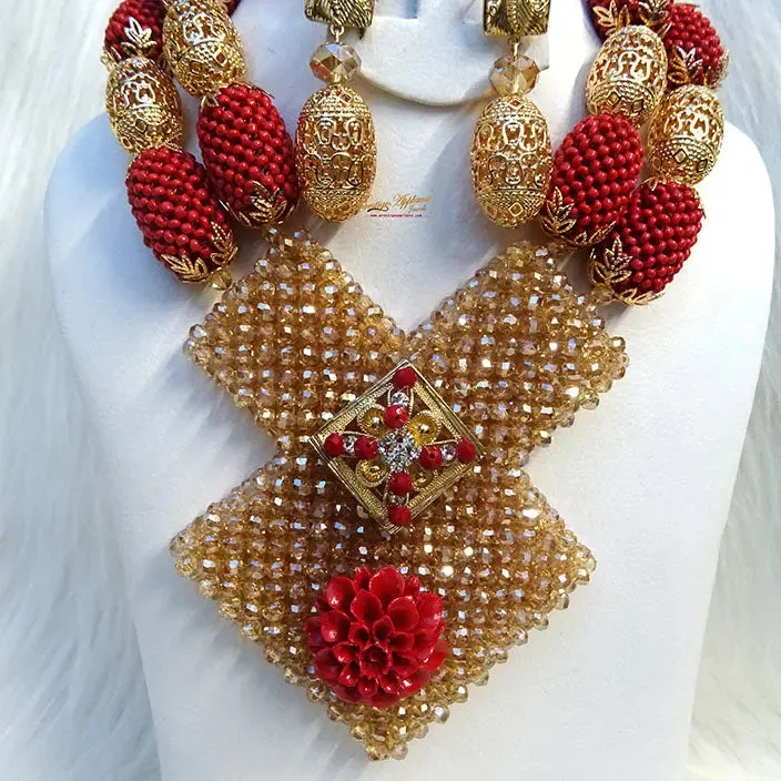 PrestigeApplause Latest New Design Bold Elegant Red and Gold Wedding Bridal African Nigerian Beads Jewellery Set …